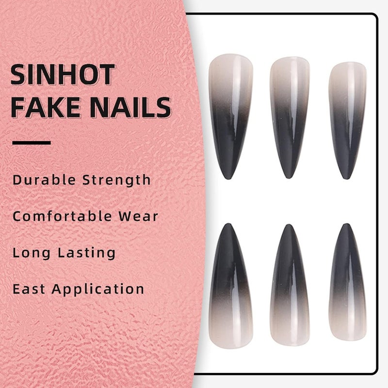 SINHOT Stiletto Press on Nails Extra Long Fake Nails with Glue Glossy False Nails with Black Gradient Designs Full Cover Almond Acrylic Nail 24pcs - Image 4